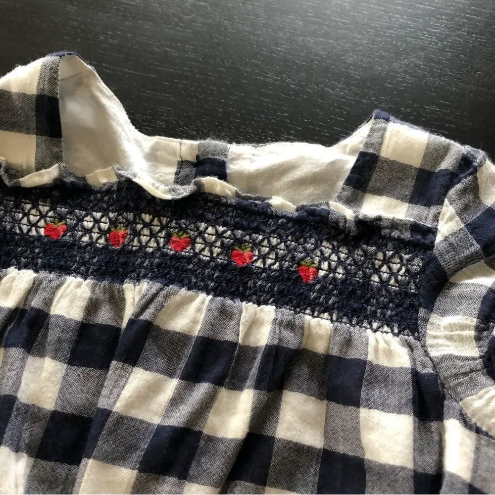 Janie and Jack Plaid Strawberry Sleeveless Dress Baby Girl‎ 6-12 Mos Navy White